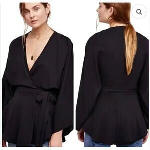 Free People Beach Womens M Black Wrap Neptune Flared Kimono Sweater Cover-up Top